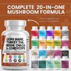 Lions Mane 20in1 Mushroom Supplement with Turkey Tail Reishi Cordyceps Chaga Maitake Meshima Poria Cocos Shiitake Oyster Porcini Enoki - 1 Pack - Image 2